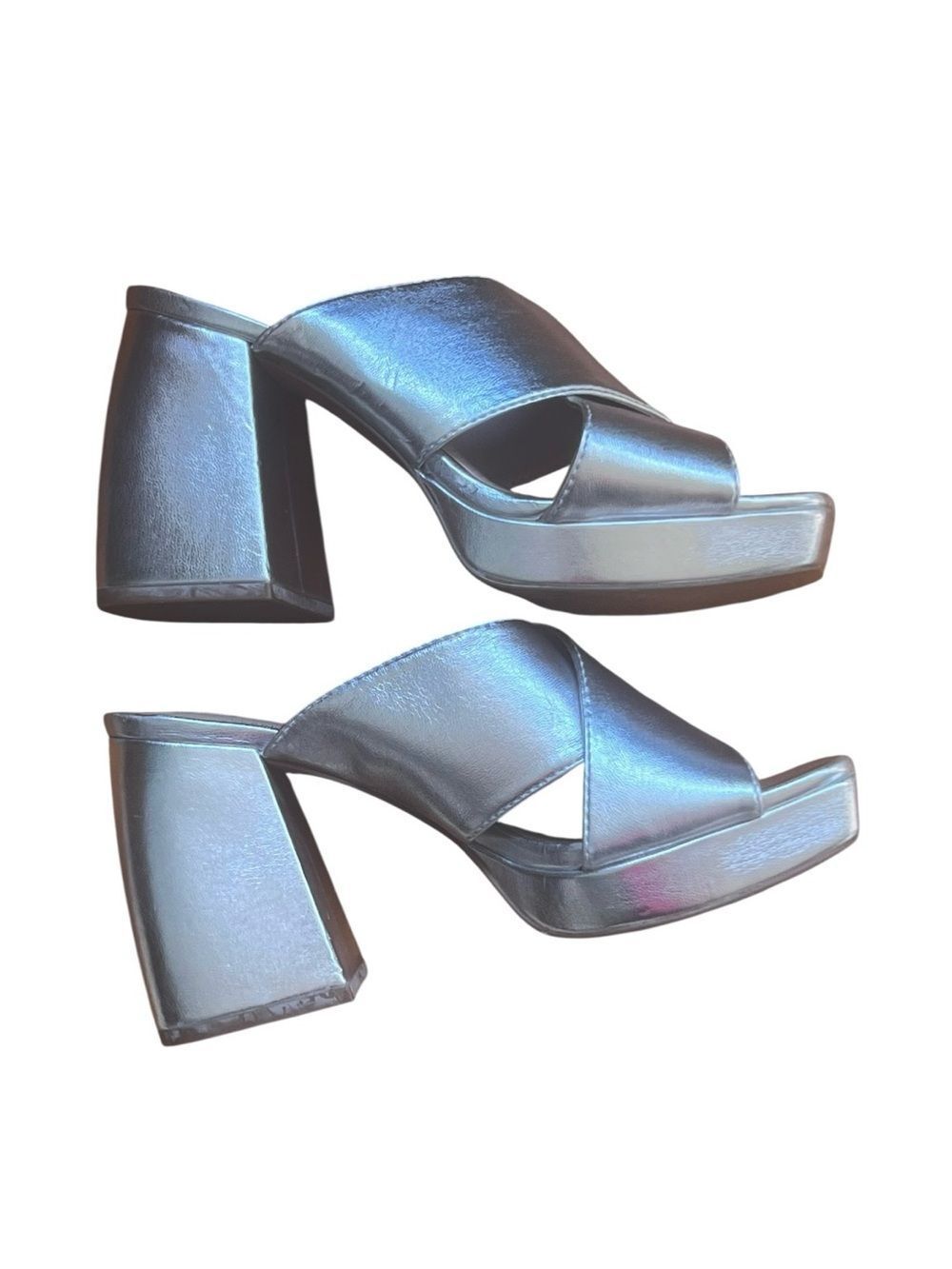 BP. Silver Metallic Platform Mule Heels Y2K Block Heel Sandals Party Wedding 5.5